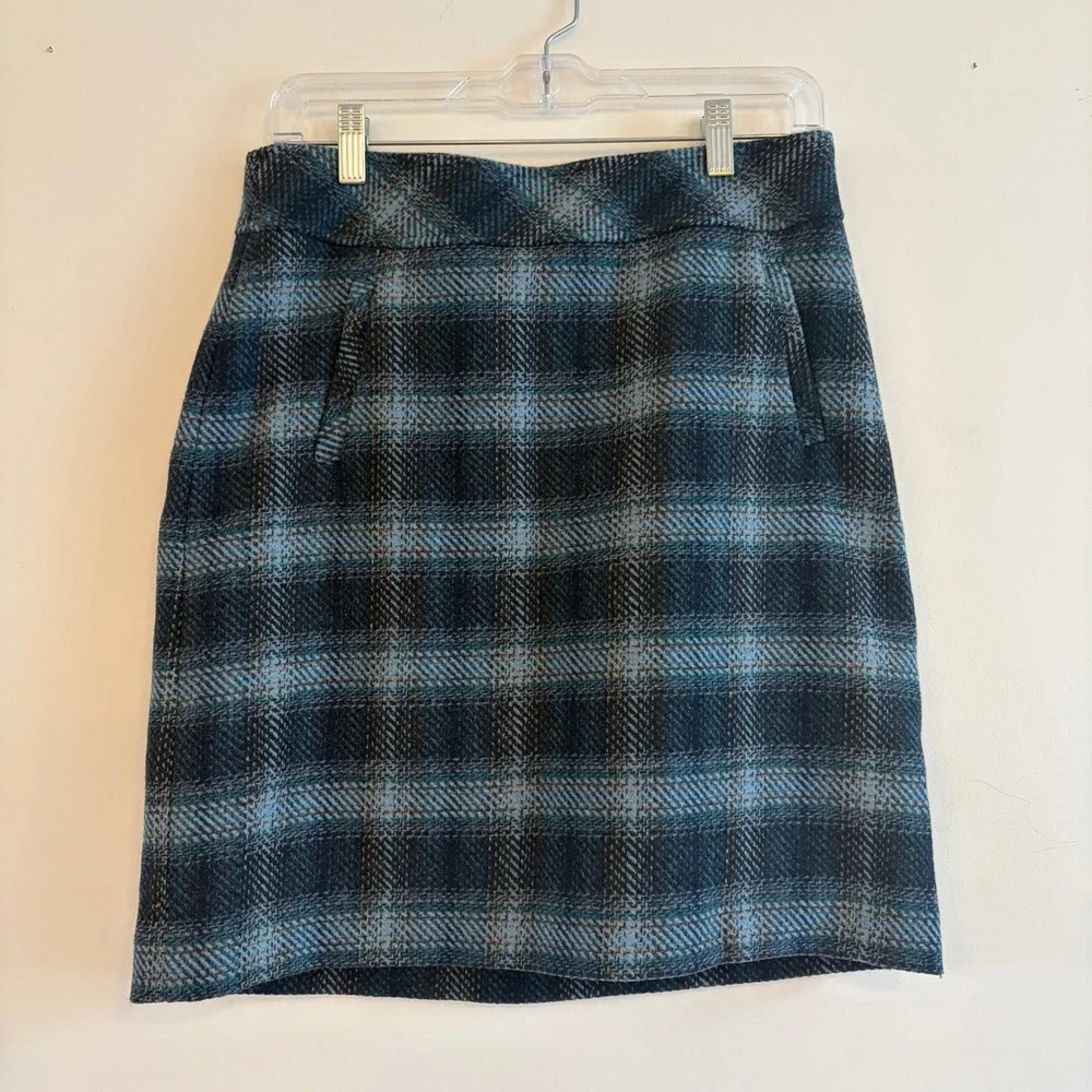 NWT Talbots Teal Black Plaid Wool Blend Knee Length Skirt Tweed‎ Textured Size 2